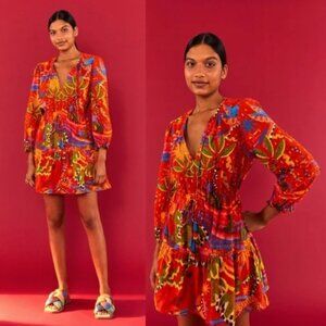 Farm Rio Red Magic Forest V Neck Mini Dress Colorful